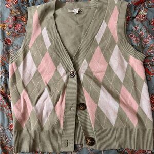 Haute Monde Pink and Green Argyle Cardigan Vest